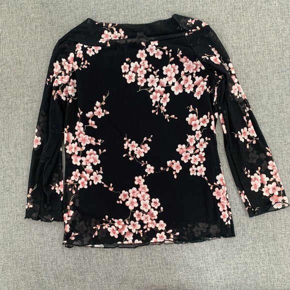 Jessica Max Floral Black Blouse Long Sleeve Mesh Material Tie on the side Neck - Picture 11 of 13